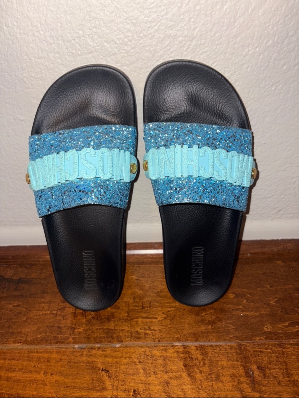 Moschino Blue Glitter Logo Slide Sandals